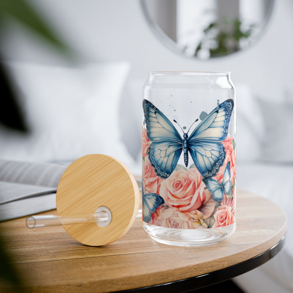 Flower Butterfly Can Shaped Glass, 16oz
