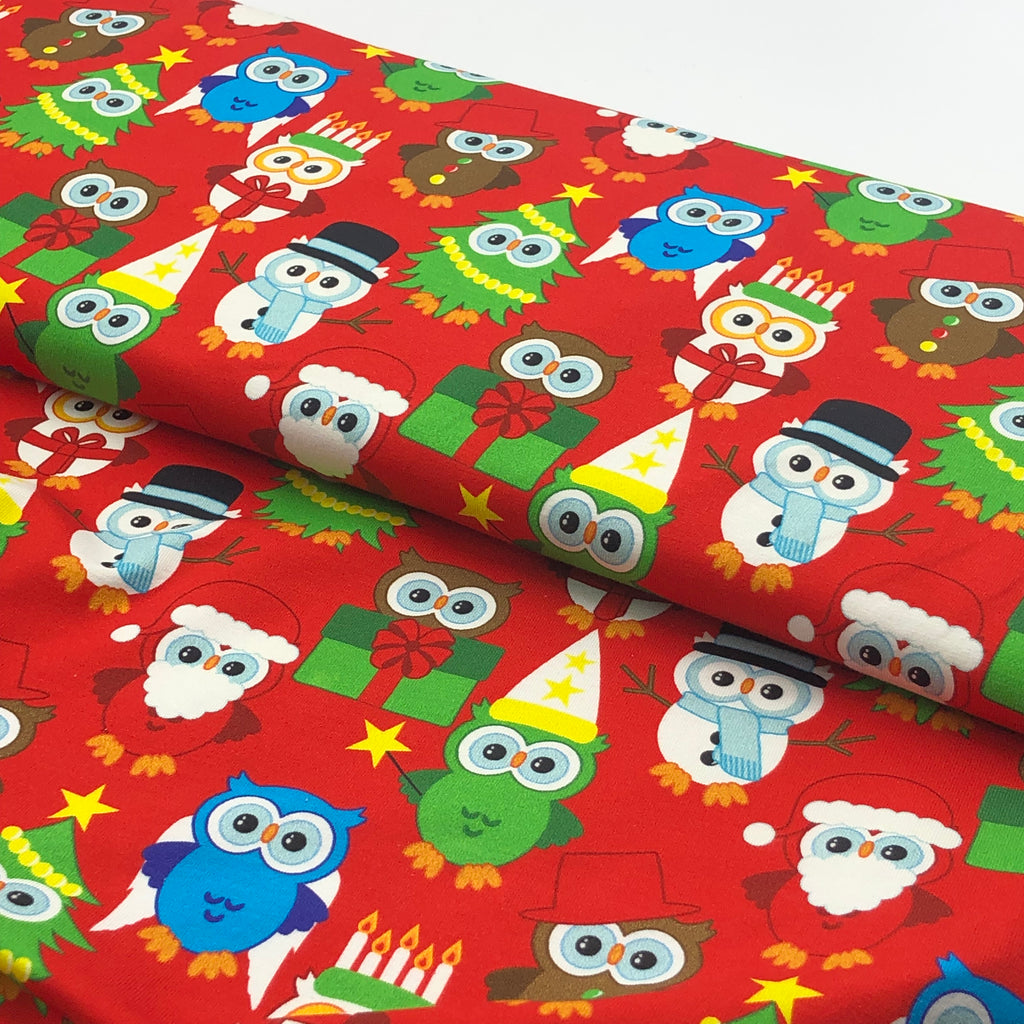 Organic Cotton Jersey - Christmas Owls - Red