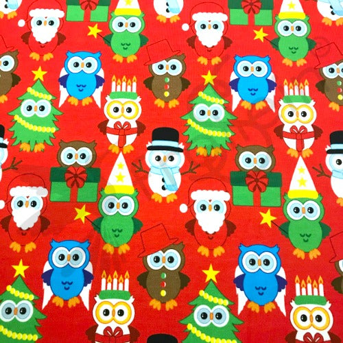 Organic Cotton Jersey - Christmas Owls - Red