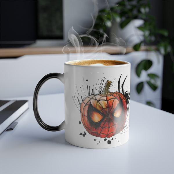 Color Morphing Mug - Halloween Spider Pumpkin Design, 11oz