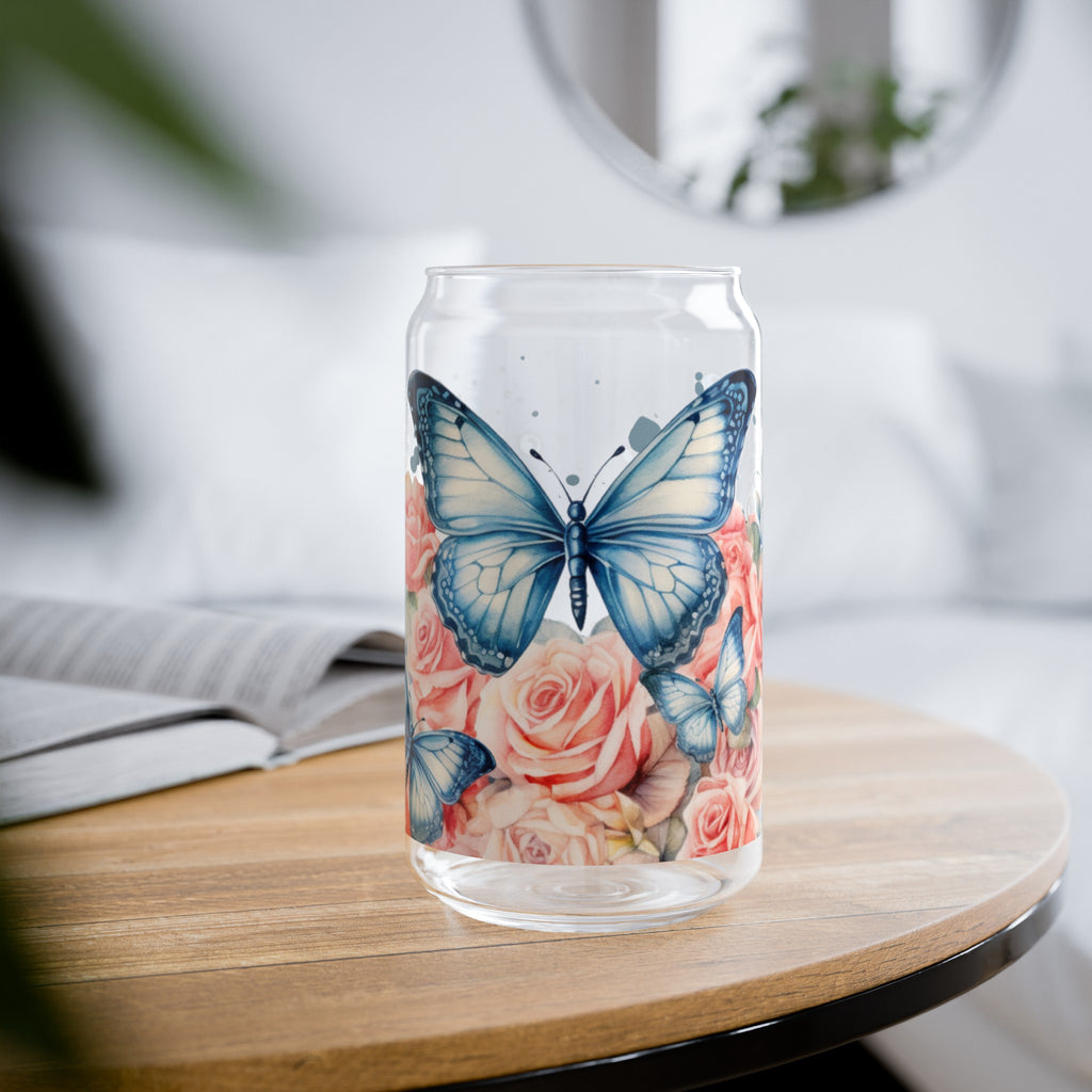 Flower Butterfly Can Shaped Glass, 16oz