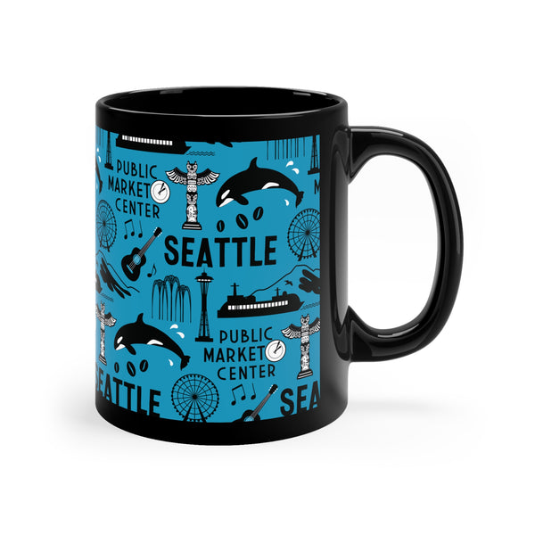 Durable Seattle Landmarks Ceramic Mug 11 oz - Turquoise, Green, Fuchsia, Red, Blue