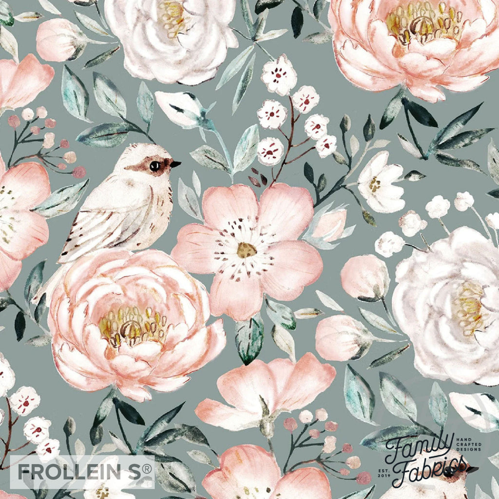 Cotton Jersey - Dog Rose and Peony Green Retro