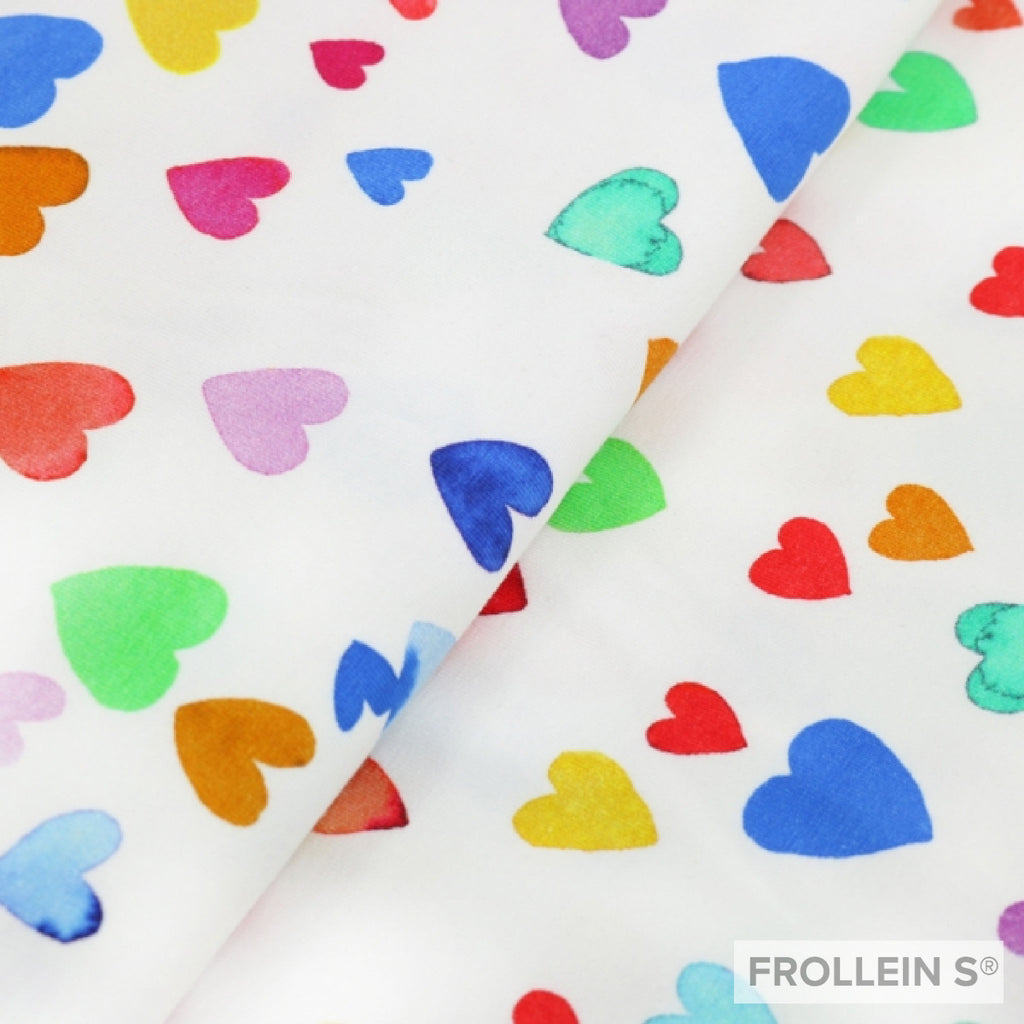 Cotton Jersey - Colorful Rainbow Hearts - White