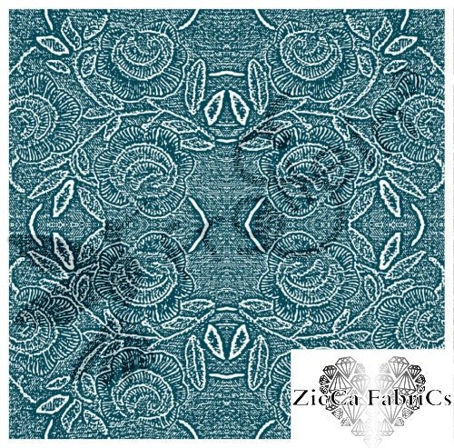 Cotton Jersey - Organic Cotton Jersey - Denim Roses - Teal - Frollein S®