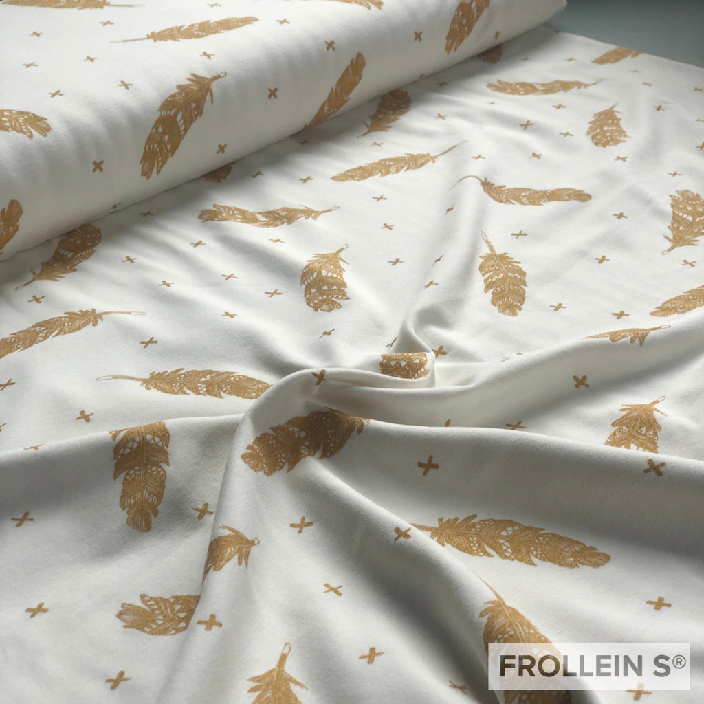 Cotton Jersey - Organic Cotton Jersey - Gold Glitter Feathers - Offwhite - Frollein S®