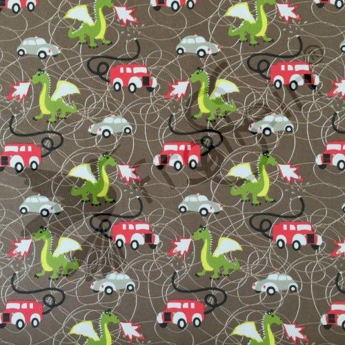 Cotton Jersey - Remnant 17 - inch - Cotton Jersey - Firetruck and Dragon - Brown - Frollein S®