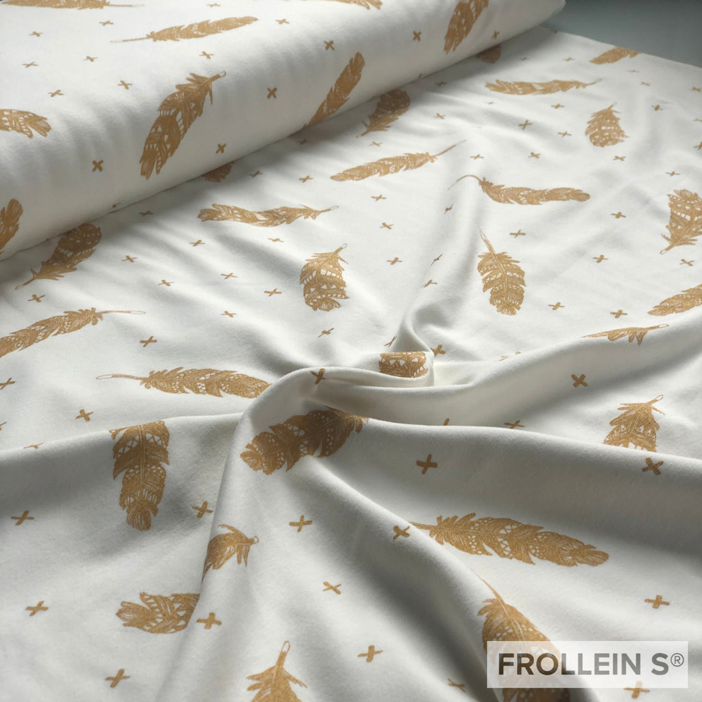 Organic Cotton Jersey - Gold Glitter Feathers - Offwhite