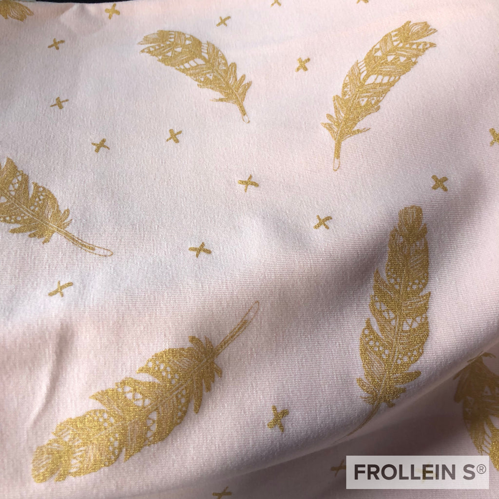 Organic Cotton Jersey - Gold Glitter Feathers - Rose