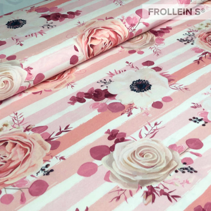 Cotton Jersey - Roses on Stripes-Pink