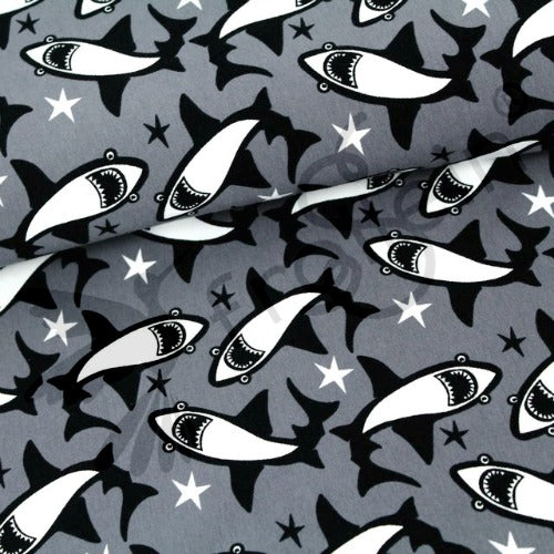 Remnant 11-inch - Organic Cotton Jersey - Circling Sharks - Gray