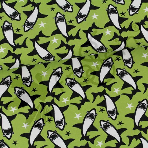 Organic Cotton Jersey - Circling Sharks - Green