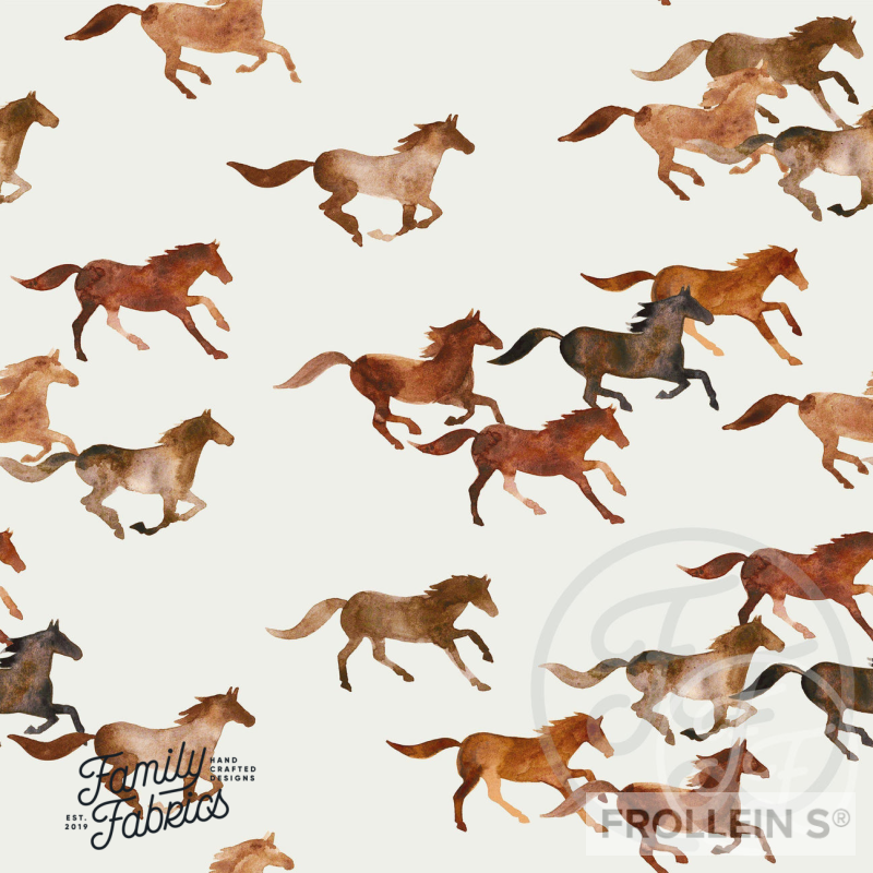 Many wild horses in various brown shades are galloping on an offwhite background