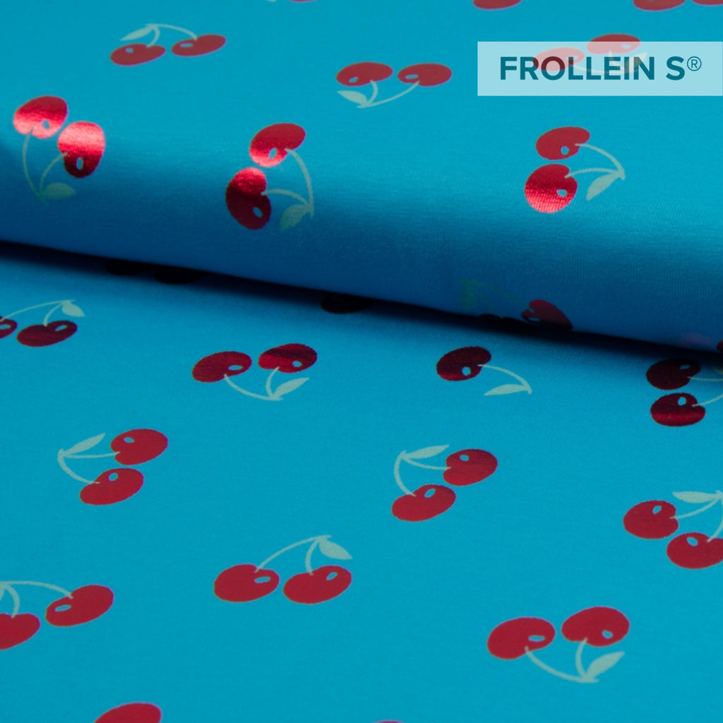 Cotton Jersey-Foil Print-Cherries-Turquoise