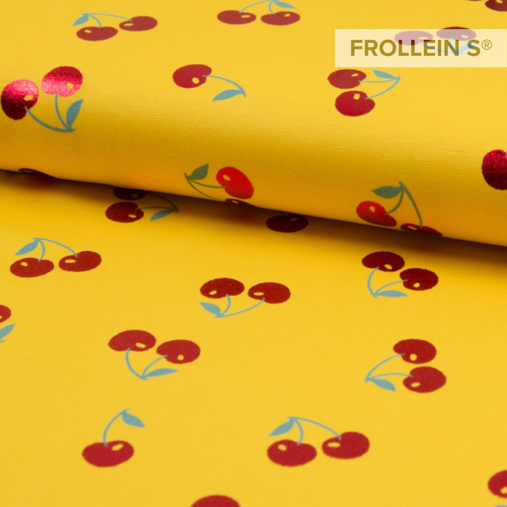 Cotton Jersey-Foil Print-Cherries-Yellow